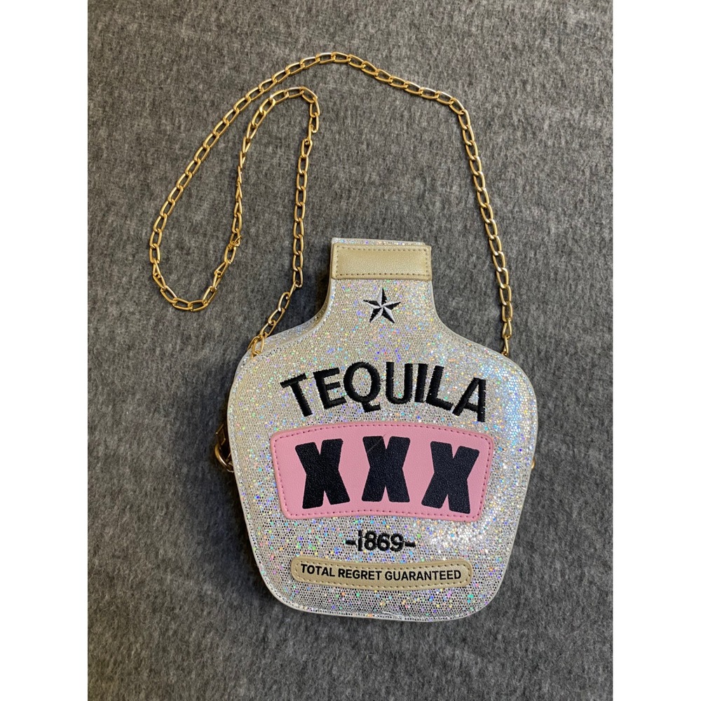 Tequila Bottle Glitter Crossbody Bag Silver Novelty Party Purse Gold Chain Club